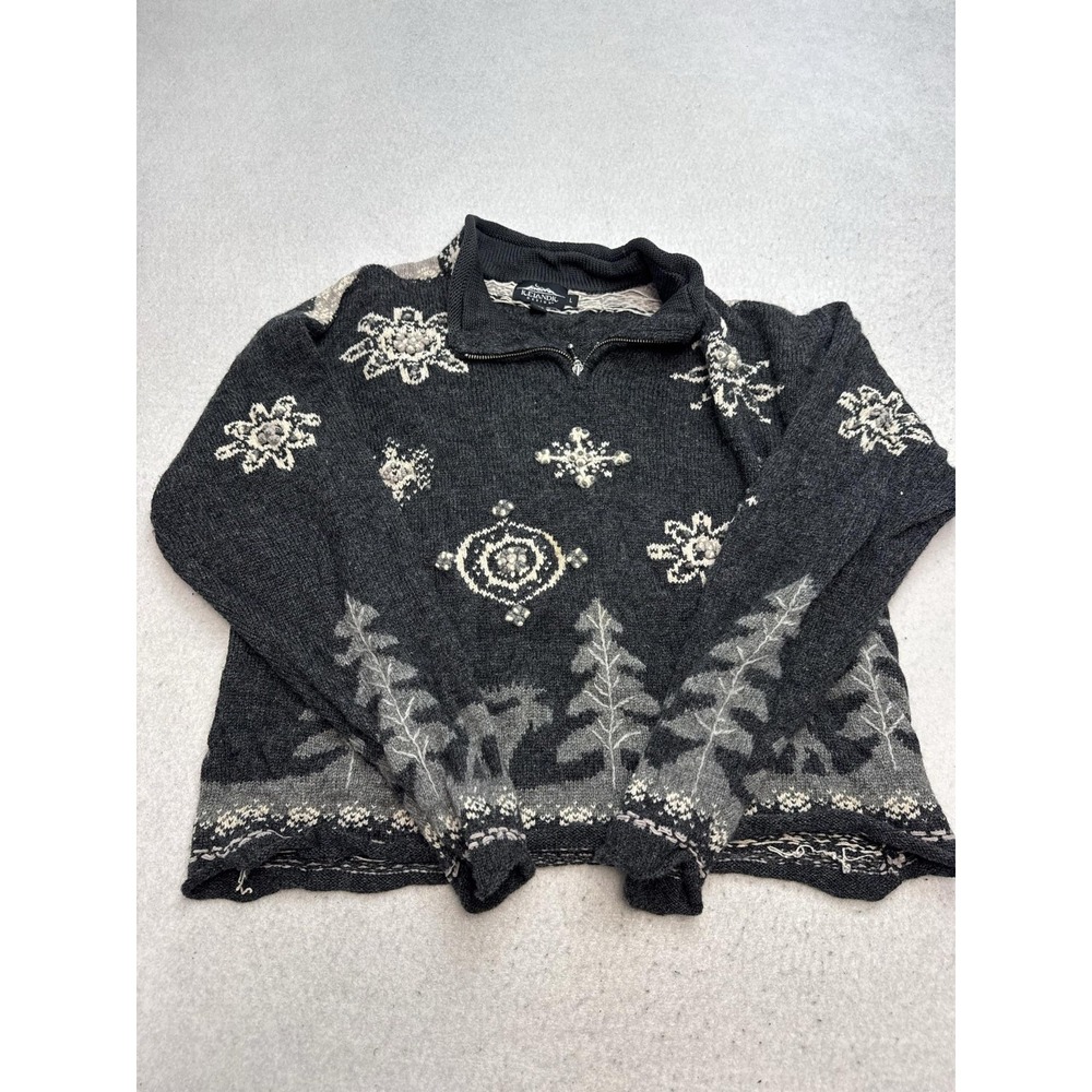 Icelandic Design Sweater Womens Large Gray Wool 1/4 Zip Mock Neck Fair Isle